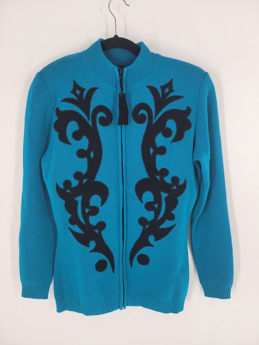 Andrea Jovine Teal Zip Front Cardigan with Black Scroll Appliqué Size S Wool